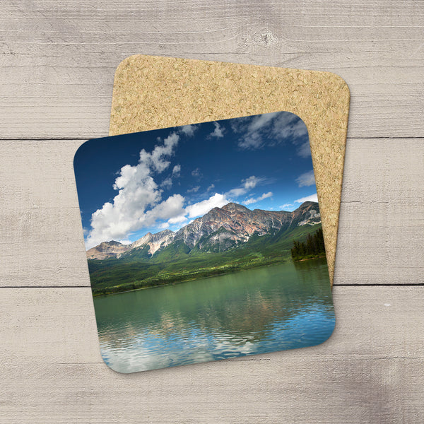 Beverage Coasters of Pyramid Mountain & Lake in Jasper National Park, Canada.  Souvenirs of Canadian Rockies. Handmade in Edmonton, Alberta by Canadian photographer & artist Larry Jang.