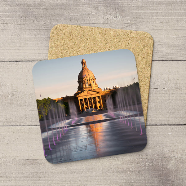 Alberta Legislature & Fountain image printed on beverage coasters. Handmade in YEG by acclaimed Alberta artist & Photographer Larry Jang.