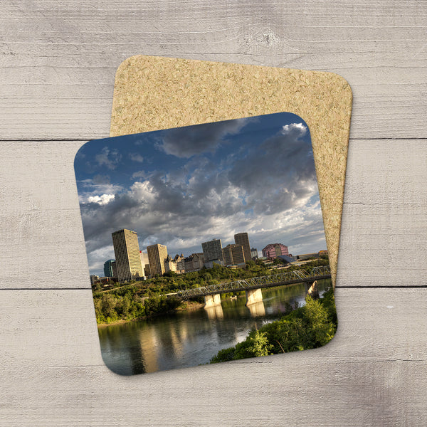 Tabletop Decor. Photo Coasters of Edmonton City Skyline in summer. Handmade in YEG by acclaimed Alberta artist & Photographer Larry Jang.