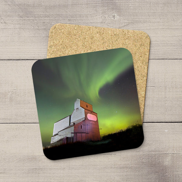 Photo Coasters of Northern Lights streaking over Legal Grain Elevator in Alberta Prairies. Souvenirs of Aurora Borealis by Canadian Photographer, Larry Jang.