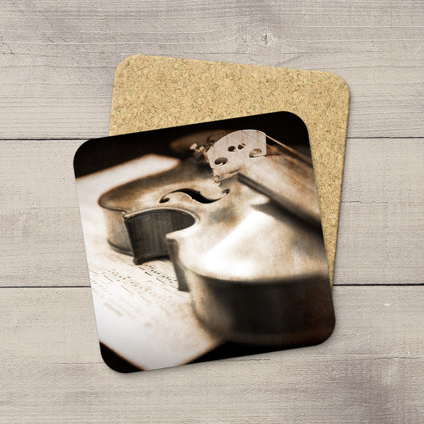 Music Room Accessories. Beverage Coasters of Vintage Violin & Sheet Music. For the violinist. Modern functional art by Edmonton artist & photographer Larry Jang.