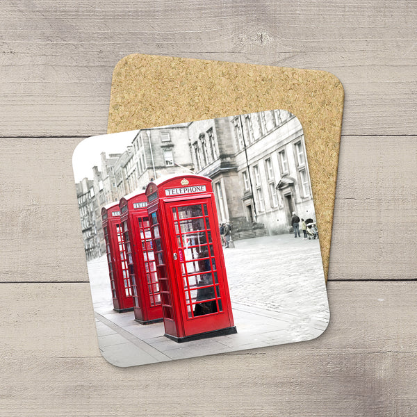Picture of a trio of red phone booths in Edinburgh printed onto a photo coaster by Larry Jang.