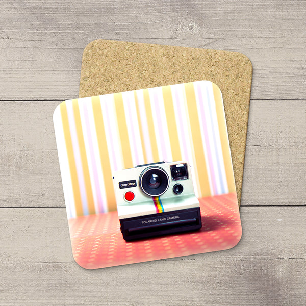 Decor for Photography Studio or Man Cave. Photo Coasters featuring a Vintage 80s Polaroid Camera by Larry Jang, an Edmonton based artist & photographer. 