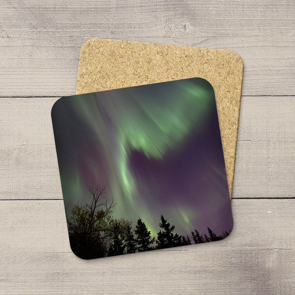 Photo coasters of Northern Lights raining down like waves. Souvenirs of Aurora Borealis by Canadian Photographer, Larry Jang.