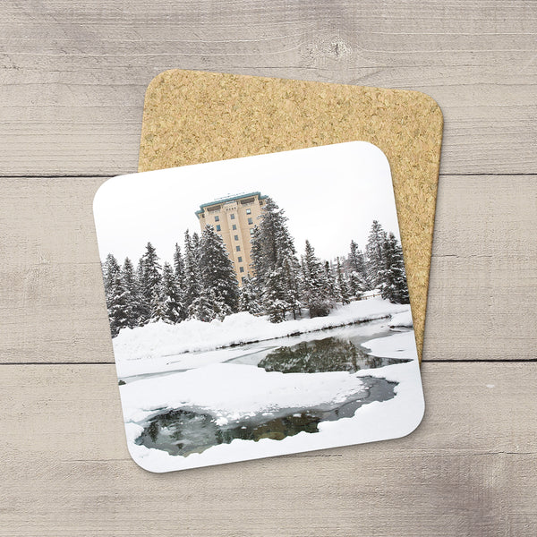 Photo Coasters of Fairmont Chateau Louise in Lake Louise, Banff National Park, Canada. Winter Wonderland. Handmade in Edmonton, Alberta by Canadian photographer & artist Larry Jang.