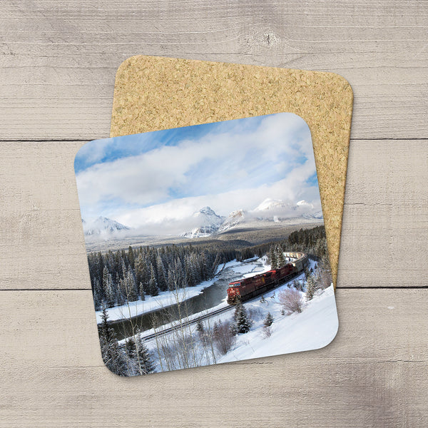 Photo Coaster of CP Rail Freight Train passing Morant's Curve in Banff National Park. Handmade in Edmonton, Alberta by Canadian photographer & artist Larry Jang.