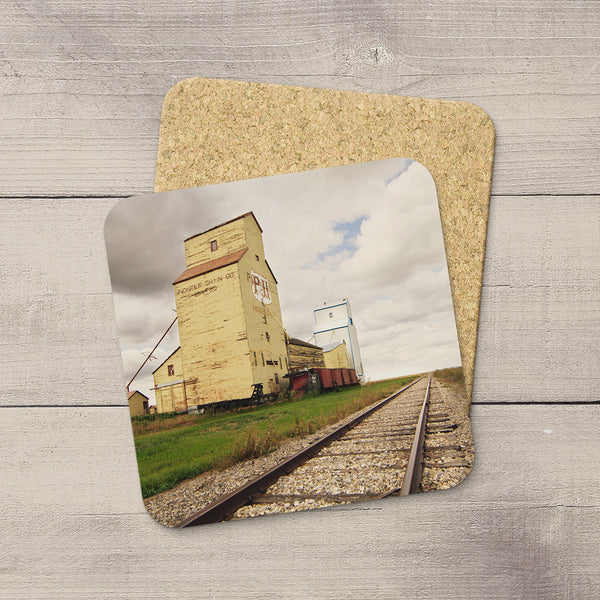 Mossleigh grain elevators picture hand printed onto drink coasters by Larry Jang.