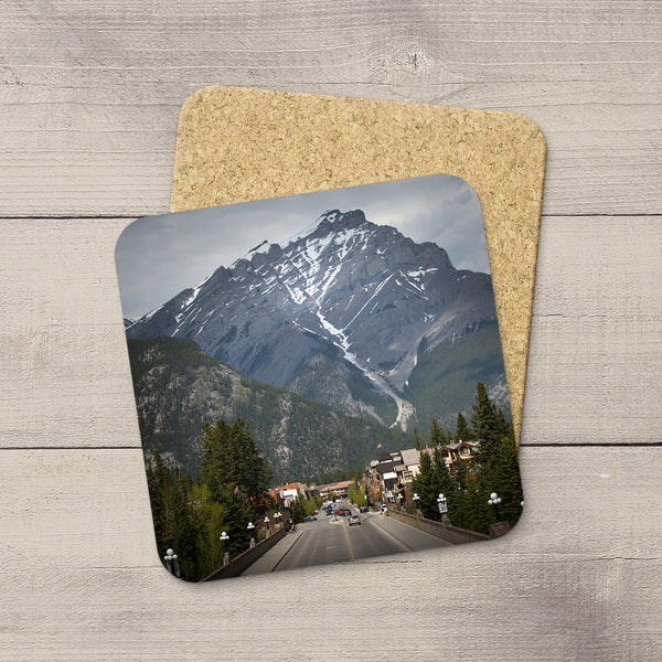 Photo Coasters of town of Banff & Cascade Mountain in Canadian Rockies. Handmade in Edmonton, Alberta by Canadian photographer & artist Larry Jang.