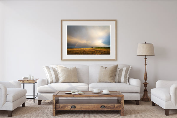 Framed fine art photography print of a double rainbow after a turbulent thunderstorm in May. Wall decor ideas for rustic modern living rooms by Larry Jang of J² Studios Photography.