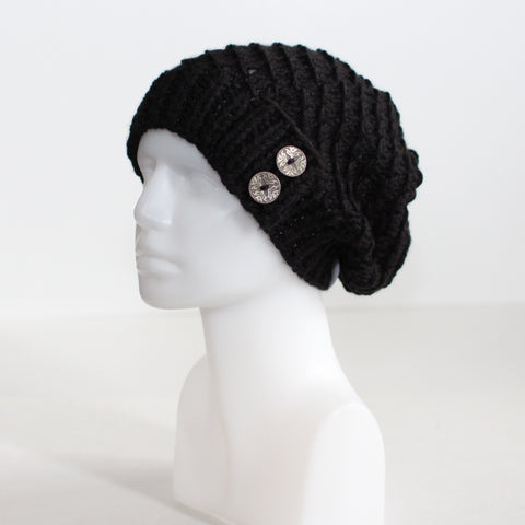 Black Slouchy Knit Toque with Buttons