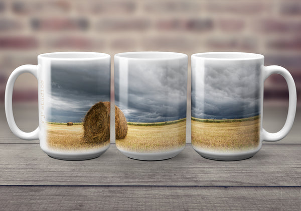 Big oversized Mugs for Hot Drinks featuring a wrap around image of a hay bale sitting in a farmers field in Southern Alberta. Great gift idea that celebrates Life in the Canadian Prairies. Handmade in Edmonton, Canada by photographer & artist Larry Jang.