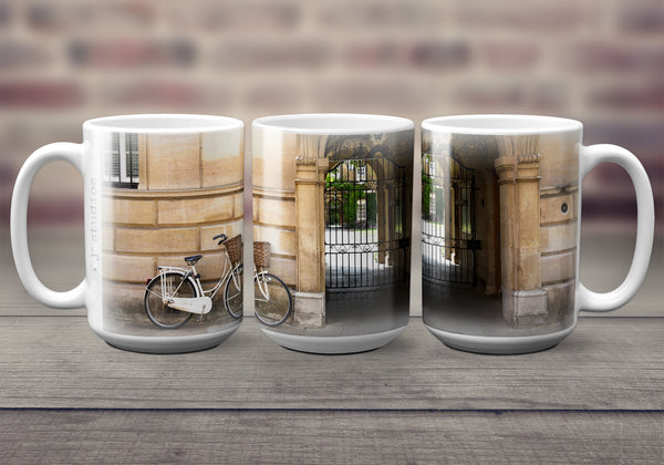 Big oversized Coffee Mugs featuring a wrap around image of a white bicycle in University of Cambridge in England. Great gift idea for the cyclist in your life. Handmade in Edmonton, Canada by photographer & artist Larry Jang.