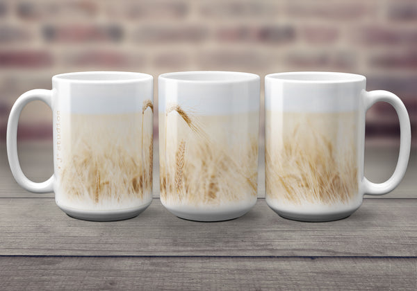 Big oversized Mugs for Hot Drinks featuring a soft, pretty wrap around image of a barley field. Great gift idea that celebrates Life in the Canadian Prairies. Handmade in Edmonton, Canada by photographer & artist Larry Jang.