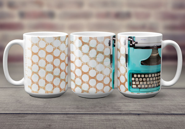 Big oversized Coffee Mugs for writers. Featuring an image of a pretty vintage Typewriter typing a Dear Life letter.  Great gift idea. Handmade in Edmonton, Alberta, Canada by photographer & artist Larry Jang.