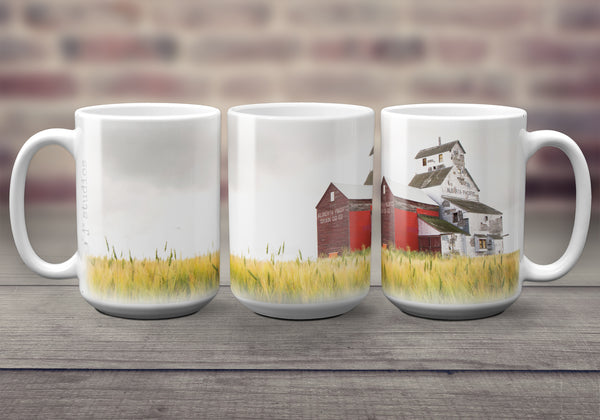 Big oversized Coffee Mugs featuring a pretty picture of the Raley grain elevator sitting in a field. Great gift idea that celebrates Life in the Canadian Prairies. Handmade in Edmonton, Alberta, Canada by photographer & artist Larry Jang.