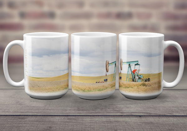 Big oversized Coffee Mugs featuring a picture of an oil pump jack sitting in a farmers field in Southern Alberta. Great gift idea that celebrates Life in the Canadian Prairies. Handmade in Edmonton, Canada by photographer & artist Larry Jang.