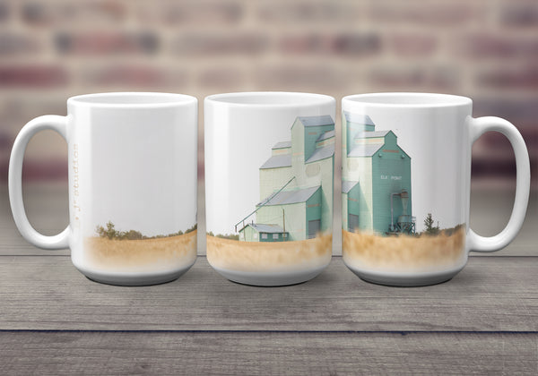 Big oversized Mugs for Hot Drinks featuring a wrap around image of Elk Point Alberta Pool grain elevator. Great gift idea for him or her that celebrates Life in the Canadian Prairies. Handmade in Edmonton, Canada by photographer & artist Larry Jang.