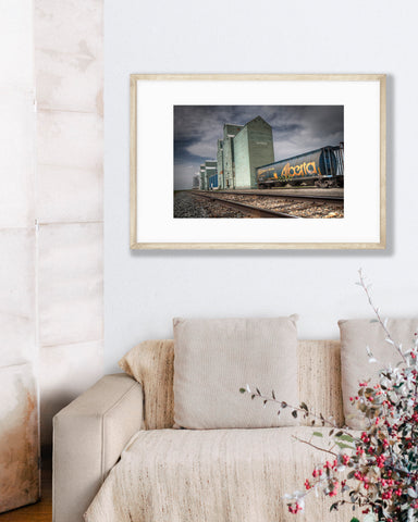 Big Matted Art Print Ready to Frame Grain Elevator and Train Car Alberta Bound
