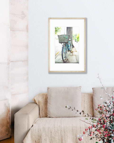 Big Matted Art Print Ready to Frame Charming Blue Bike Parked in England