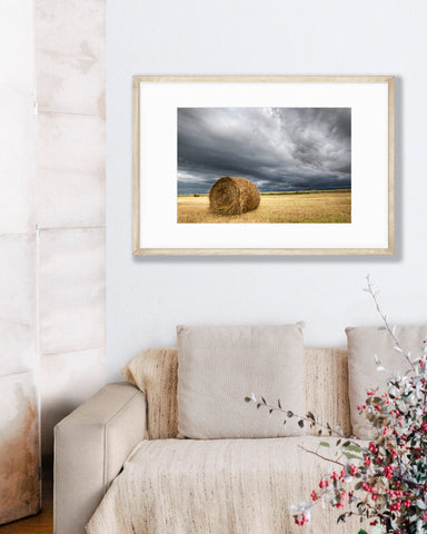 Big Matted Art Print Ready to Frame Hay Bale Under Storm Clouds