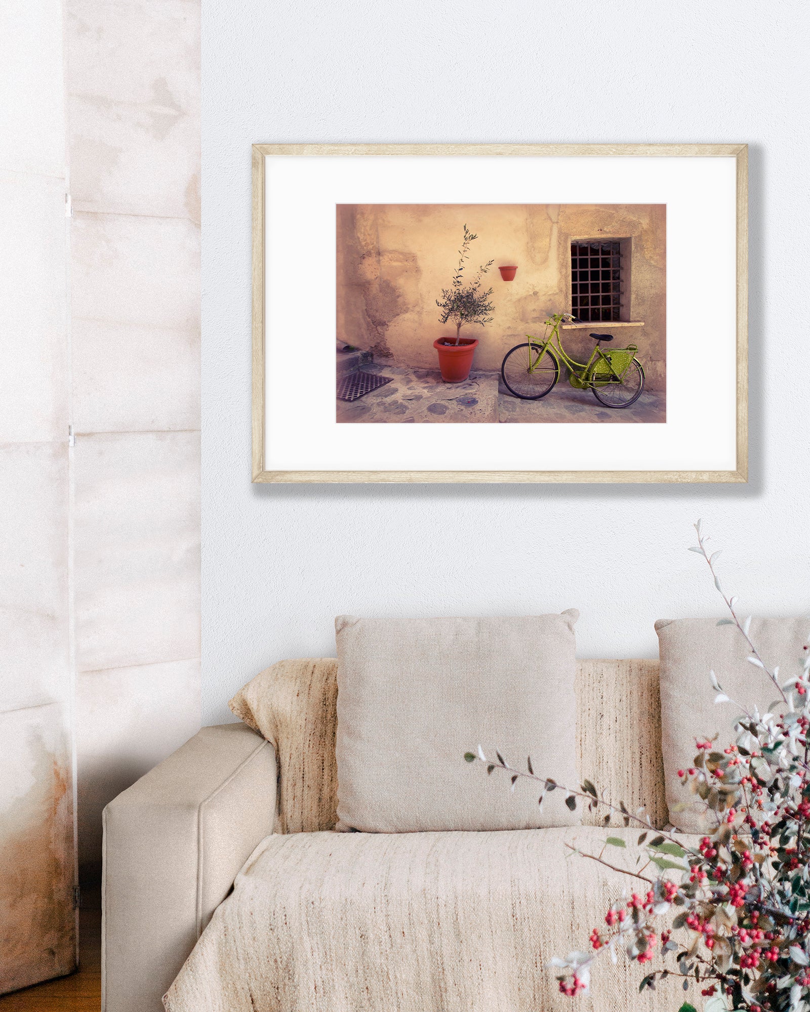 Big Matted Art Print Ready to Frame Lime Green Bicycle Cinque Terre