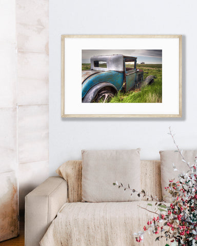 Big Matted Art Print of Abandoned Blue Rusty Truck in a Field Ready to Frame