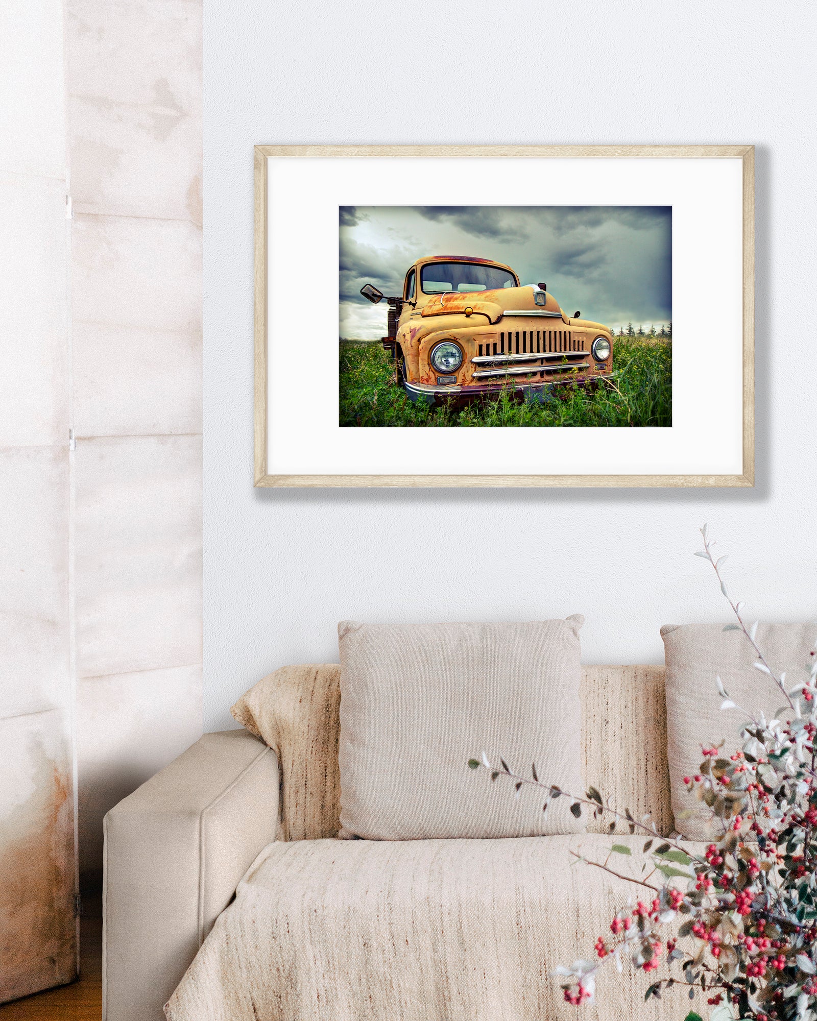 Big Matted Art Print of Rusty International Truck in Field Ready to Frame