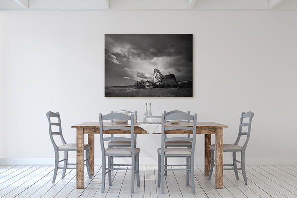 Black and White Art Print of Storm Clouds forming Over Grain Elevator in Alberta Badlands