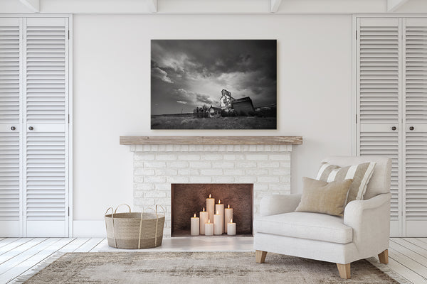 Black and White Art Print of Storm Clouds forming Over Grain Elevator in Alberta Badlands