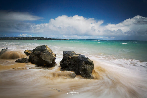 Photograph of waves crashing and receding on white sand beach in Kauai Hawaii, Peaceful picture. Meditative art print.