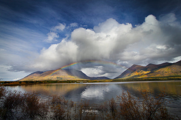 Bennett's Rainbow is an art print of Lake Bennett, Brute and Surprise Mountains in Yukon, Canada.
