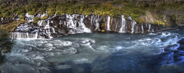 Hraunfossar is an art print of a series of waterfalls formed by rivulets that pour into the Hvítá river 
