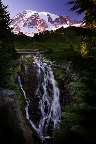 Picture of Myrtle Falls and Mount Rainier at Sunset. Landscape Photography by Larry Jang.