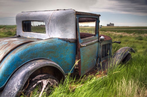 Big Matted Art Print of Abandoned Blue Rusty Truck in a Field Ready to Frame