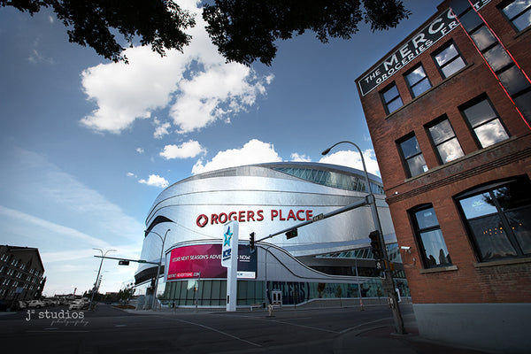 Image of modern and vintage architecture on 104th street promenade in Edmonton, Alberta. Rogers Place and Mercer Warehouse. Urban Photography.