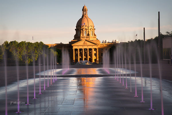 Fountain of Legislature is a soothing art print of Alberta's Government Building with the iconic water fountains. Urban YEG decor.