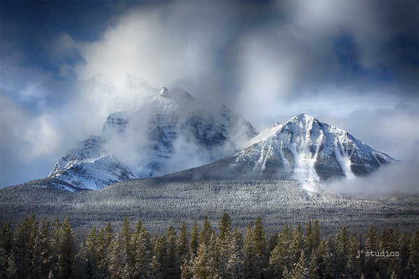 Image of the snow capped mountain peaks Aberdeen and Sheol in Banff National Park. Candadian Landscape Photography.