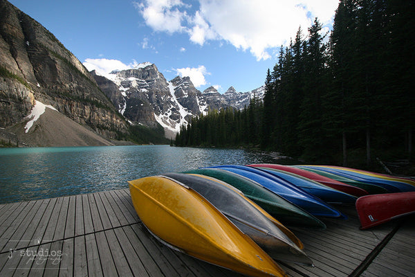 All Done With the Canoes is an art print of Moraine Lake in Banff National Park.