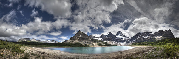 Assiniboine and Lake Magog Panorama is an art print of the famous triangle shaped mountain on the BC and Alberta border in Canada. Landscape phonography.