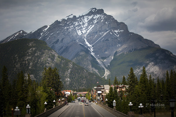 Image of the Canadian Alpine town called Banff under the rugged snow capped Cascade Mountain. Landscape Photography.