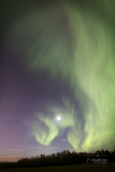 Framing the Moon is an art print of the northern lights dancing around a prairie moon.