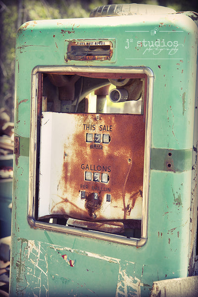 Gas Pump Flashback is an image of a vintage and rusty spring green gasoline pump. Circa 1950s or 1960s.