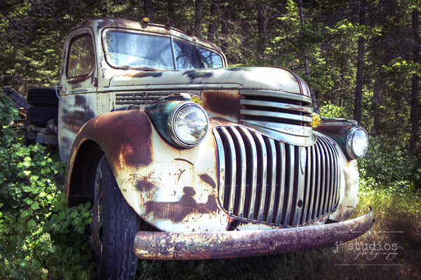 Grinning in the Forest is an art print of an abandoned 1940s Chevy Truck in the woods of Montana. Old truck photography.