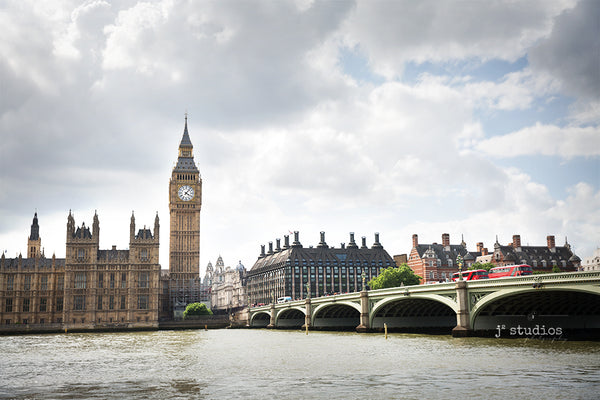 Chic urban themed art print of Parliament, the Elizabeth Clock Tower, Westminster Bridge. City skyline photography.