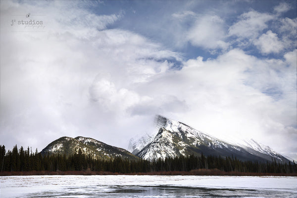 Art Print of Rundle Mountain partially obscured by clouds. Banff Landscape Photography.