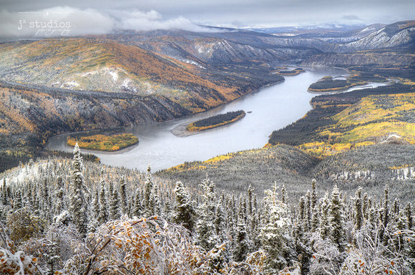 Late Autumn's Valley is an art print of fall colors and snow mixed together in the Klondike Valley of Yukon.