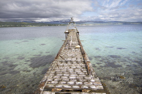 Old Pier is an art print of a rickety pier on an arctic lake in Northern Norway.