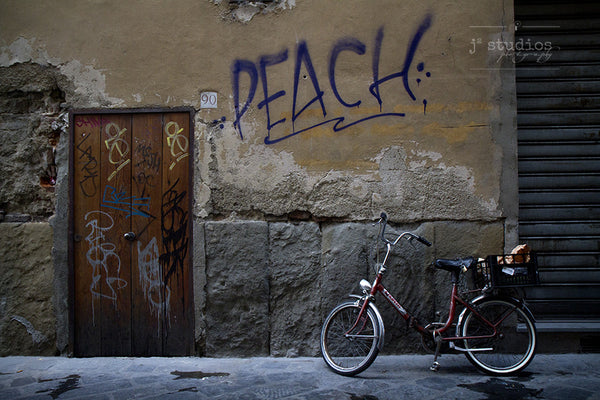 Peach Was Here parked bike and graffiti art print in Florence Italy.