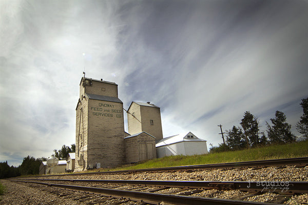 Railroad to Onoway is an art print of the weathered Onoway Feed and Seed Services grain elevator in Onoway. Heritage photography.
