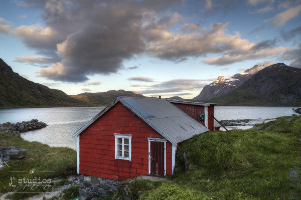 Red Cabin in the Fjord is an art print from Lofoten, Norway.